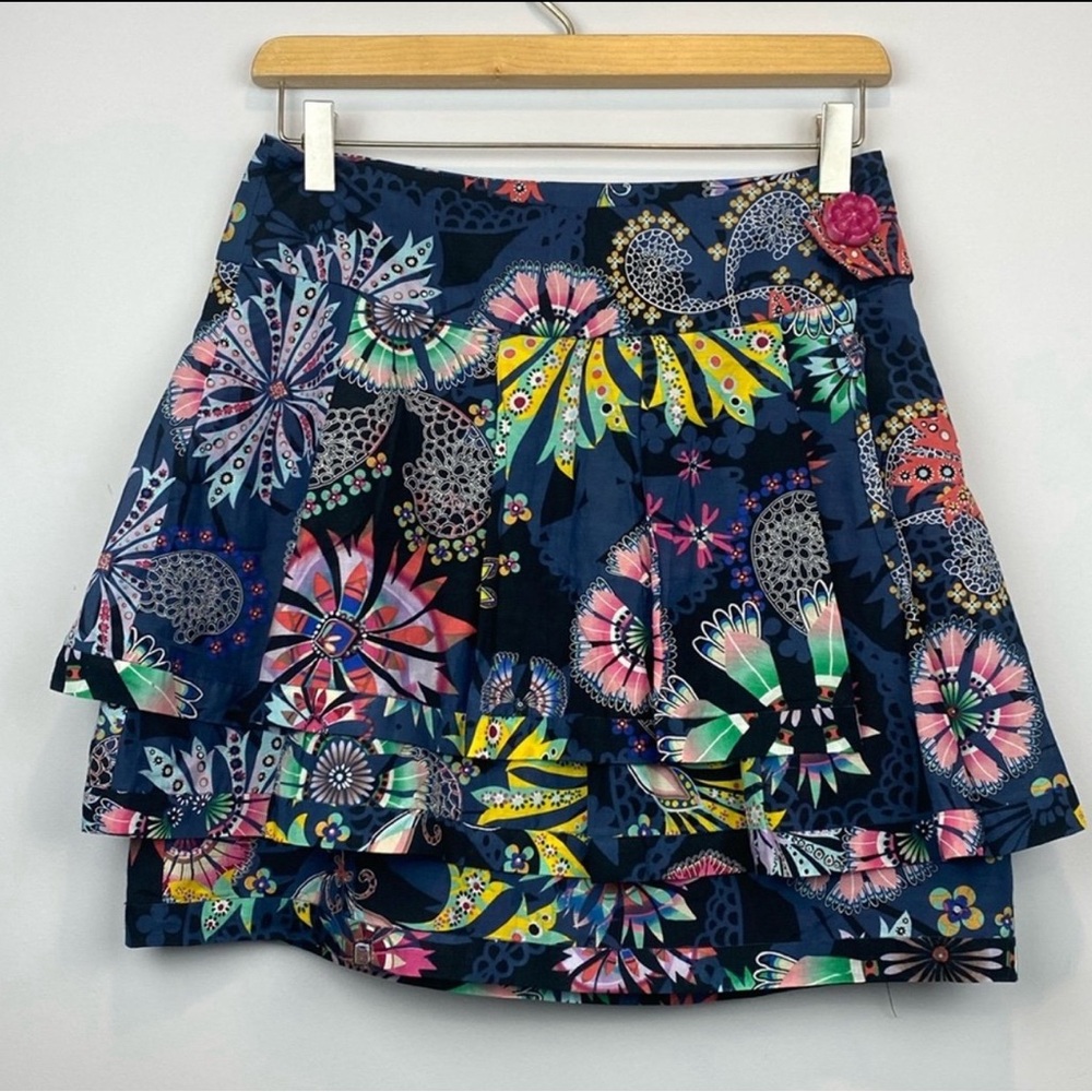 Anthropologie LEIFSDOTTIR Floral Skirt Size 0 Tierred Ruffle Silk Blend Mini